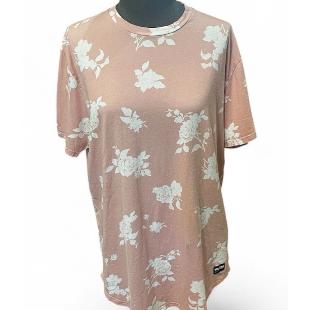 Hollister Women's Top L Short Sleeve Curved Hem Long Line Fit  Mauve/Creme Logo